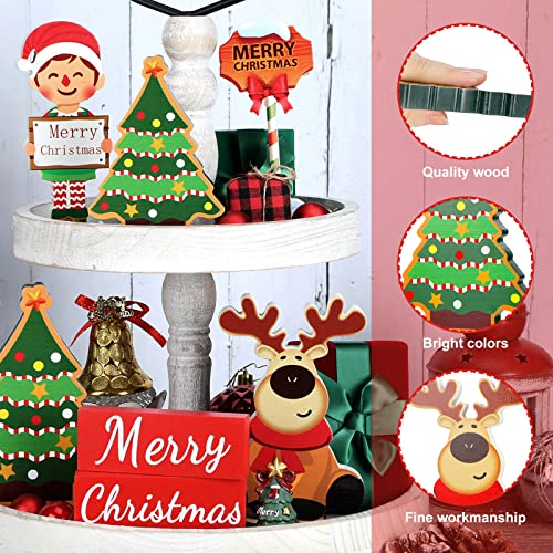 7 Pcs Christmas Tiered Tray Decor, Farmhouse Rustic Christmas Indoor Decorations Wooden Tiered Tray Xmas Tree Reindeer Elf Guidepost Merry Christmas Signs Set For Table Mantle Holiday Decor #TOP24