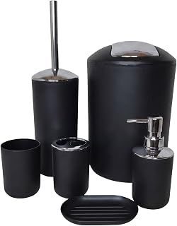 Badezimmer Set 6-teilig, Badaccessoires Komplettset Kunststoff, WC Garnitur mit Klobürste, Mülleimer, Zahnputzbecher, Seifenspender & Schale, Bad Zubehör Deko (Schwarz)