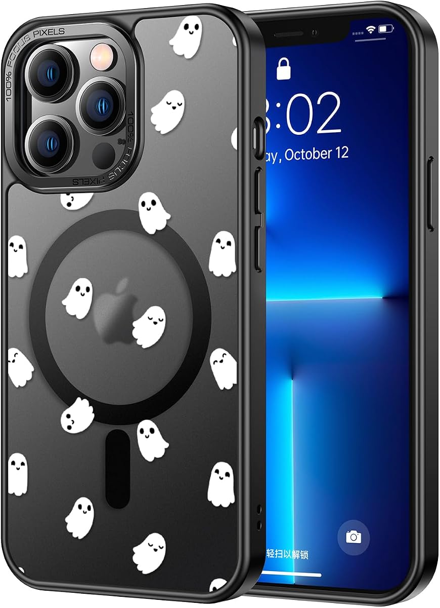 LUHOURI Enhanced Magnetic for iPhone 12 Case,iPhone 12 Pro Case with Screen Protector,Wireless Charging Compatible,Shockproof Matte Cover - Cute Floral Design for Women - Little Ghosts
