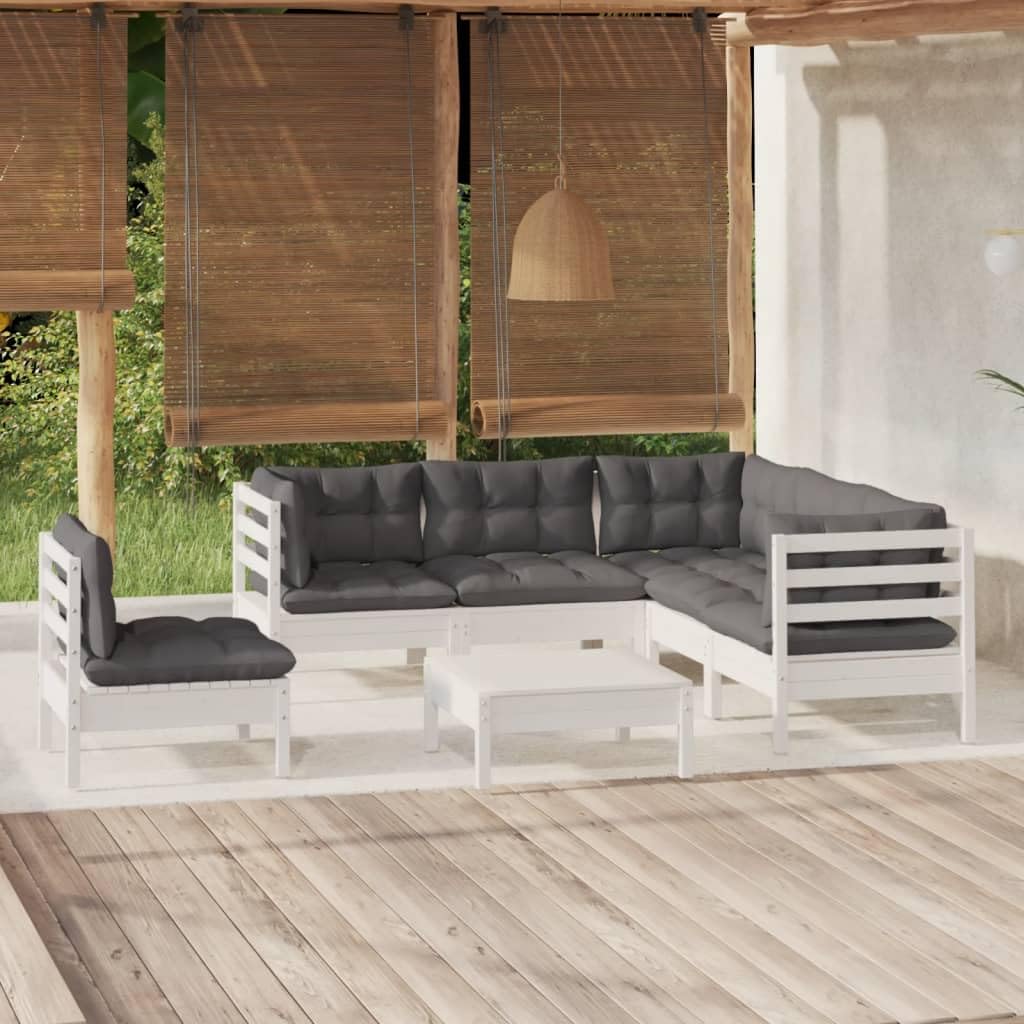 Juego de 6 muebles de jardín de madera de pino maciza con cojines blancos, para patio y jardín, resistente y estable, soporta hasta 110 kg por asiento