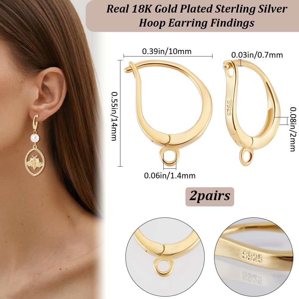 Beebeecraft 1 Box 4Pcs Leverback Earring Hooks 18K Gold Plated 925 Sterling Silver Latch Back French Earring Findings Round Hoop Earwires with Loop for Dangle Jewelry Making DIY Crafts - Image 2