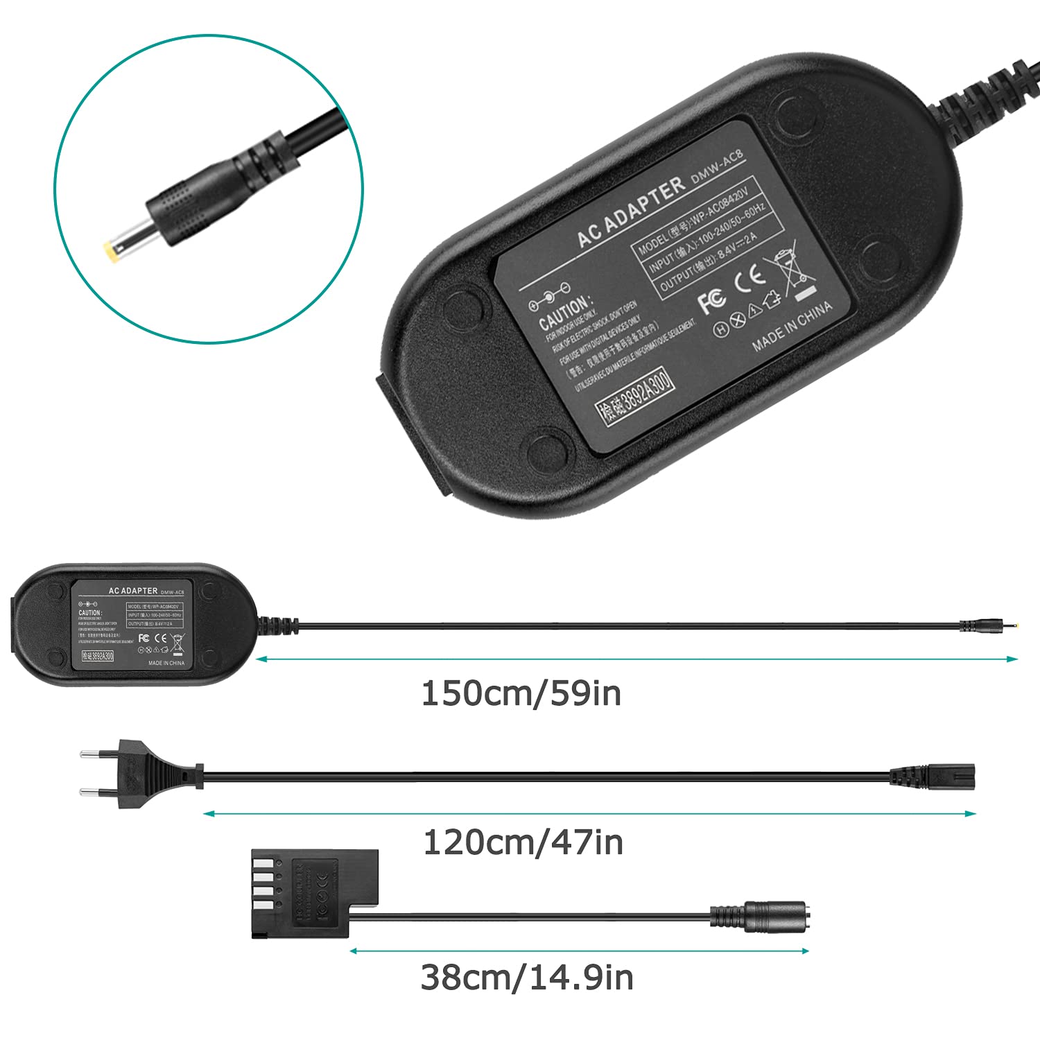 DMW-AC8 Adattatore di alimentazione CA DMW-DCC12 Accoppiatore CC DMW-BLF19 Batteria fittizia per Panasonic Lumix DMC-GH3 DMC-GH4 DMC-GH3K DMC-GH4K DMC-GH5 DMC-GH5S