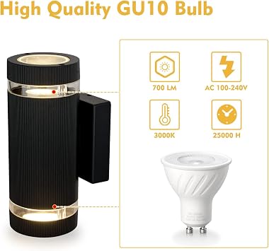 Outdoor Wall Lights Up Down, Outside Wall Lights Mains Powered, IP65 Front Door Porch Light Aluminium, GU10 Exterior Electric Round LED Lighting Sconce Wall Mounted for House 2 Pack, Black [Energy Class F]