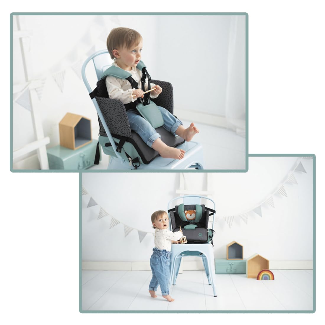 Olmitos - Asiento Elevador para Bebé 3 en 1 TIGER: Asiento, mochila y bandolera -Universal Correas Ajustable - Montaje Rápido - Bolsillos Prácticos - Trona portátil bebé - Trona de viaje(TIGER)