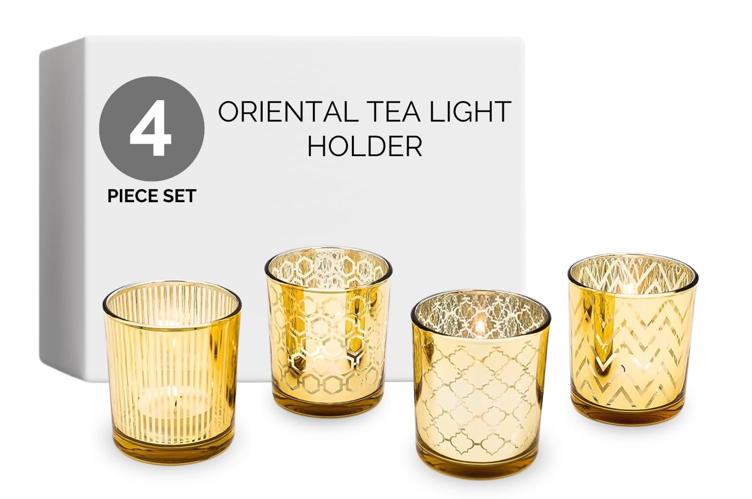 Teelicht-Gläser Set aus Glas inkl. Teelichter - Kleine edle Teelicht Kerzen-Halter mit Verzierungen - Windlichter Kerzenglas - Geschenk Dekoration für Hochzeit, Geburtstag, Weihnachten (Gold 4er Set)