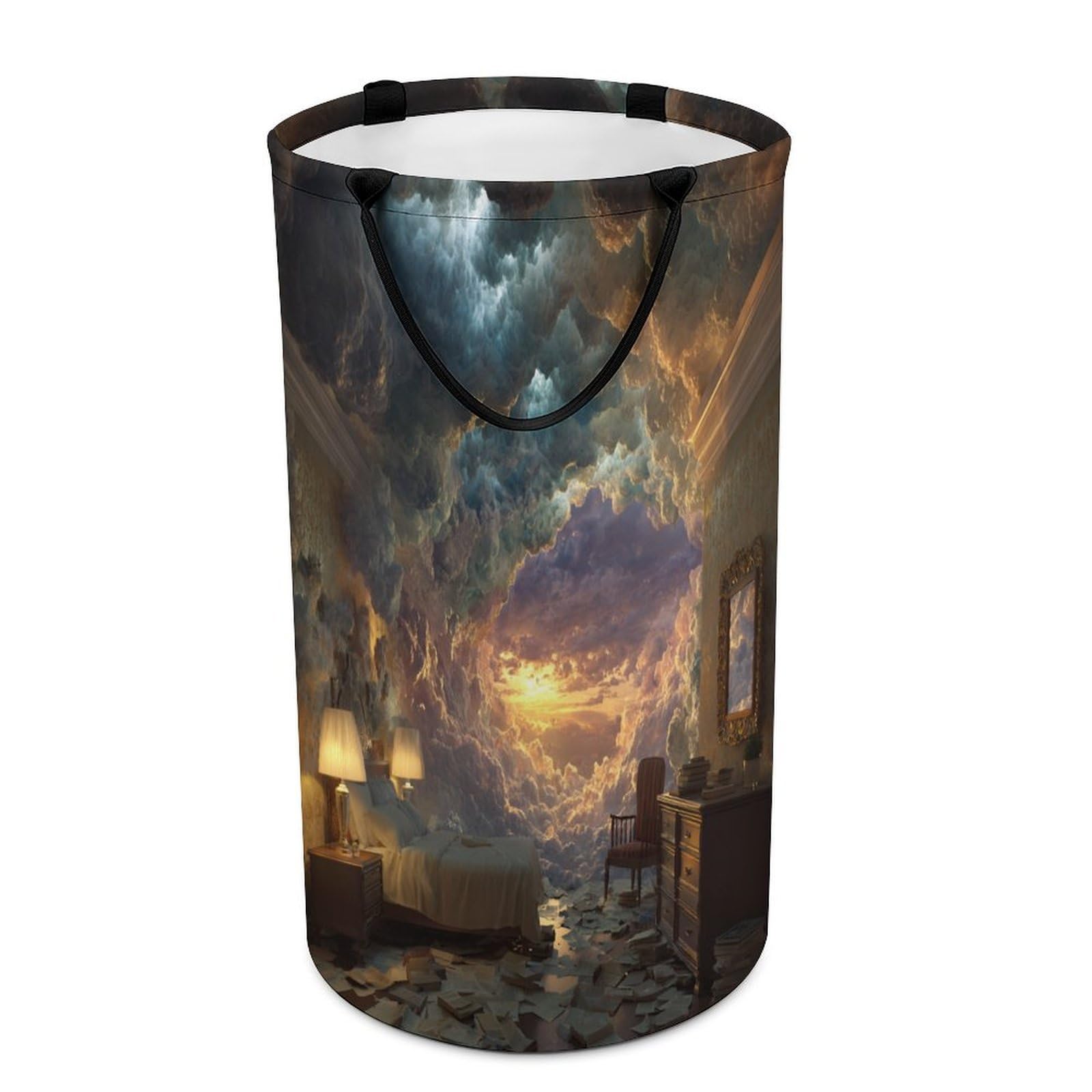 LUYYSKY Beautiful Romantic Colorful Cloud Versatile Storage Laundry Basket, Rustic Realistic Natural Landscape Sunrise Pattern Large Bathroom Laundry Hamper With Handle-40 CM Dia, 69 CM High