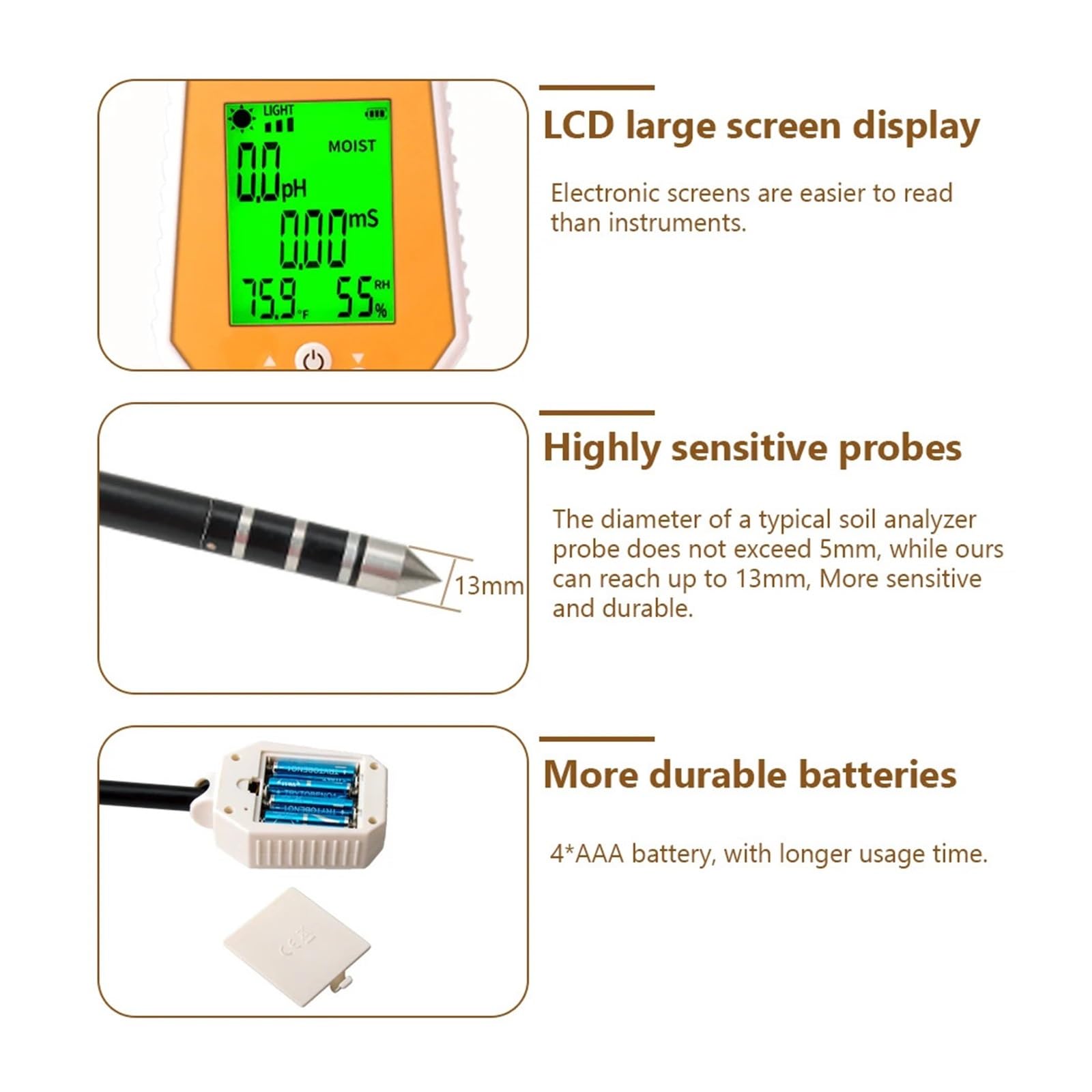 Medidor De Suelo 6 En 1: PH, CE, Humedad, Luz Solar, Humedad Del Aire Y Temperatura. Medidor De PH Y Conductividad De Alta Precisión For Jardinería Y Agricultura.