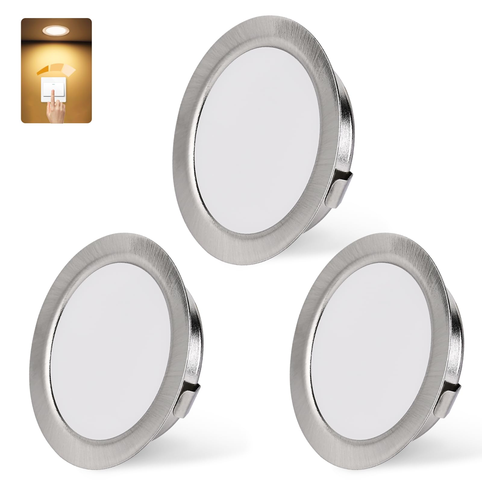 KYOTECH LED Recessed Spotlight Dimmable 230V 3W 3000K Warm White, 15mm Extra Flat Ceiling Spotlights, 300LM Hole 55-58mm, IP44 Bathroom Spotlight, Brushed Nickel Pack of 3