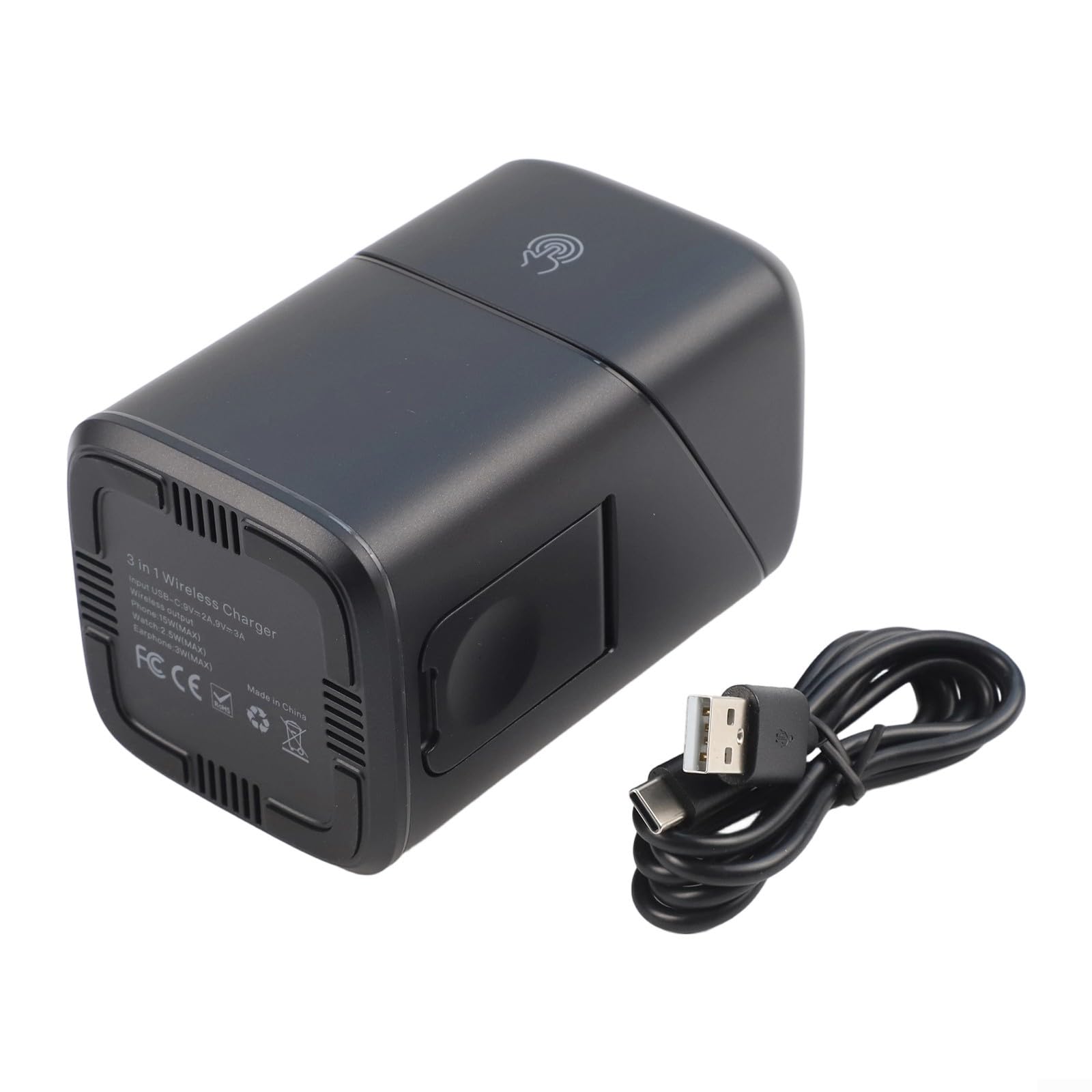 Caricatore pieghevole 3 in 1, 15 W, magnetico, rotazione automatica (nero) | Ricarica rapida da 15 W, forte adesione magnetica, adatta alla custodia, rotazione automatica, materiale ABS