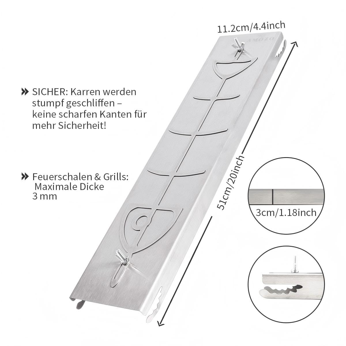AMOZO Edelstahl Flammlachshalter für Feuerschalen & Kugelgrills | Grillzubehör für Feuerschale und Kugelgrill mit 180° Wendefunktion | Ohne Schrauben | Alternative zum Flammlachsbretter.