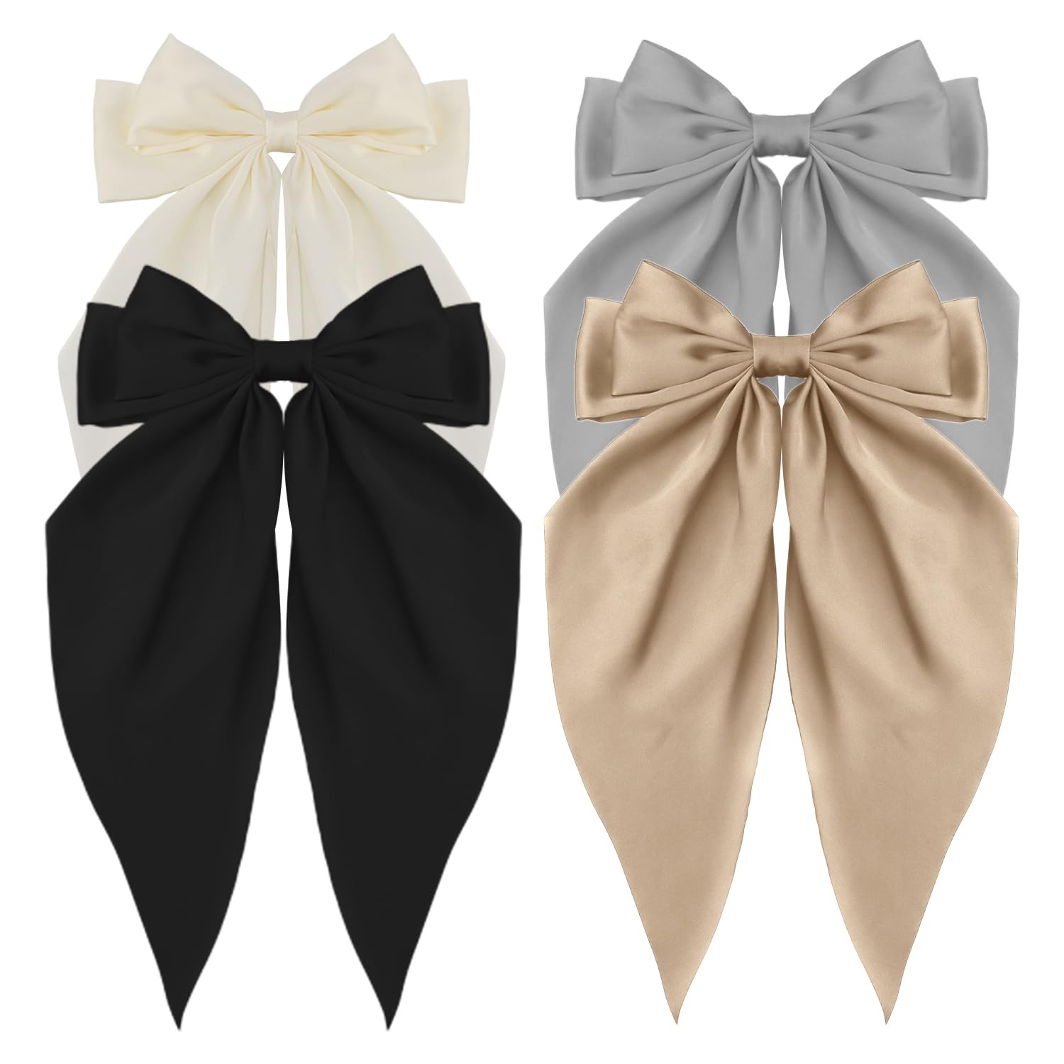 ATODEN Oversized Long Tail Hair Accessories - Silky Satin Bowknot Barrettes with Metal Clips for Women in Beige, Grey, Khaki, and Black (4Pcs)