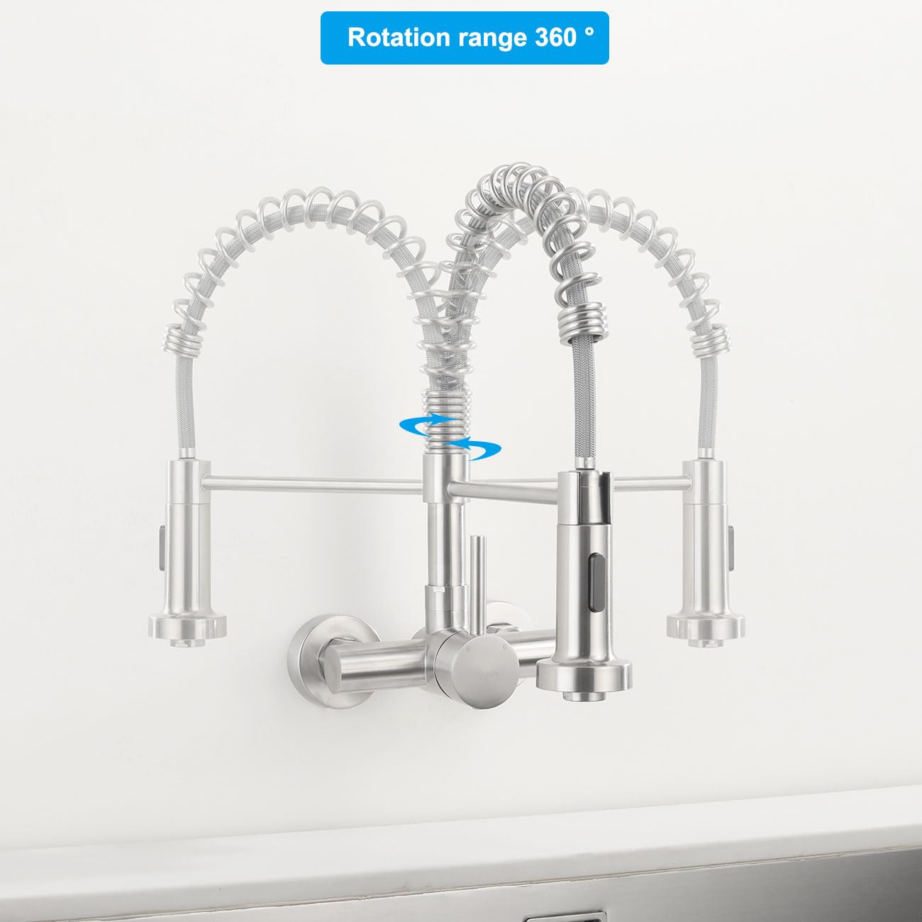 Küchenarmatur Wandmontage 11 cm, Wandarmatur mit 2 Strahlarten | Hoch Gebogen Wasserhahn Wand Küche mit Herunterziehbare Brause | 360° drehbar Mischbatterie aus Edelstahl | Matt