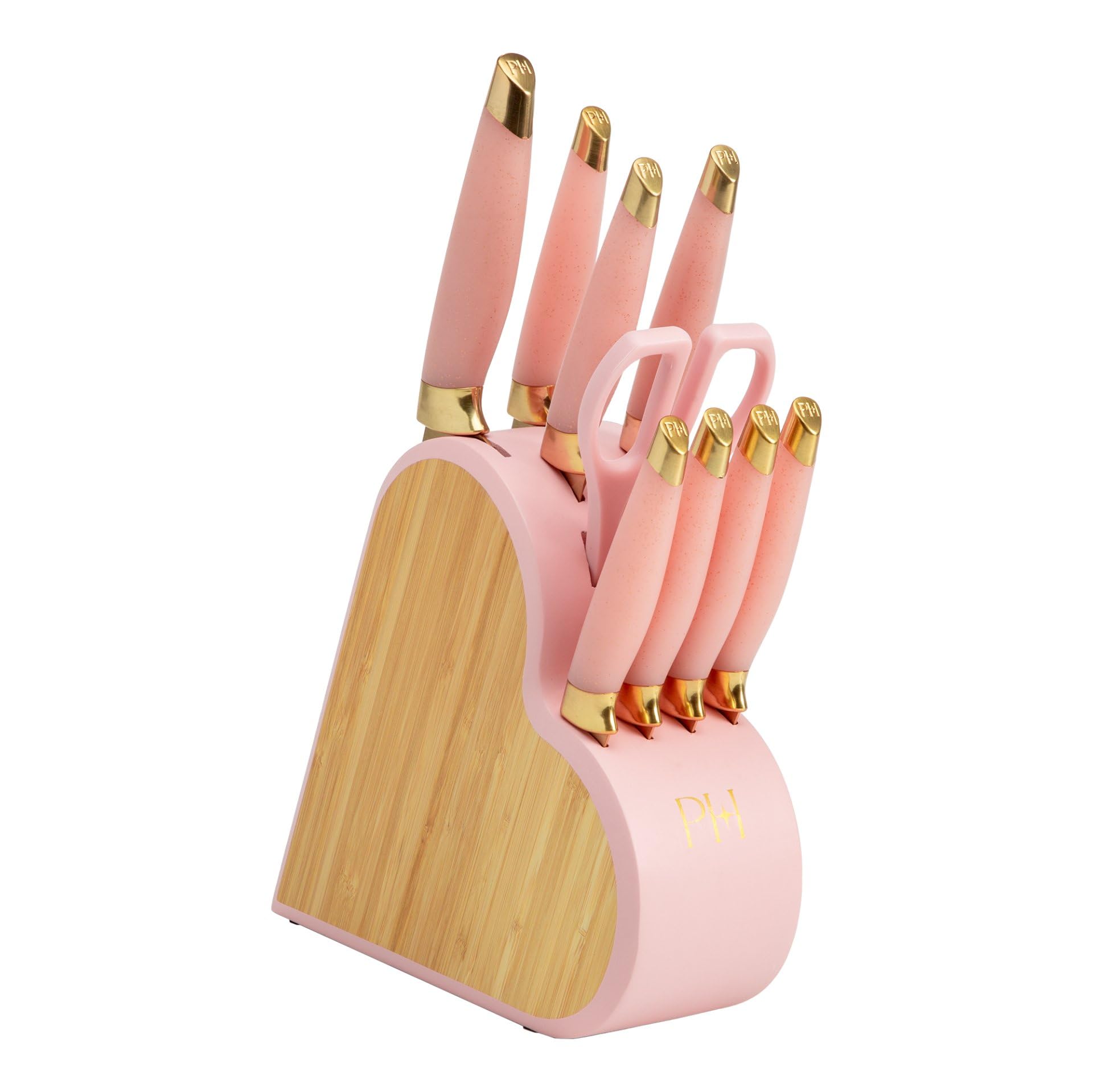 Set de Cuchillos Paris Hilton en Bloque de Bambú, 10 Piezas con Mangos Rosados y Cuchillas Doradas, Ideal para Regalo