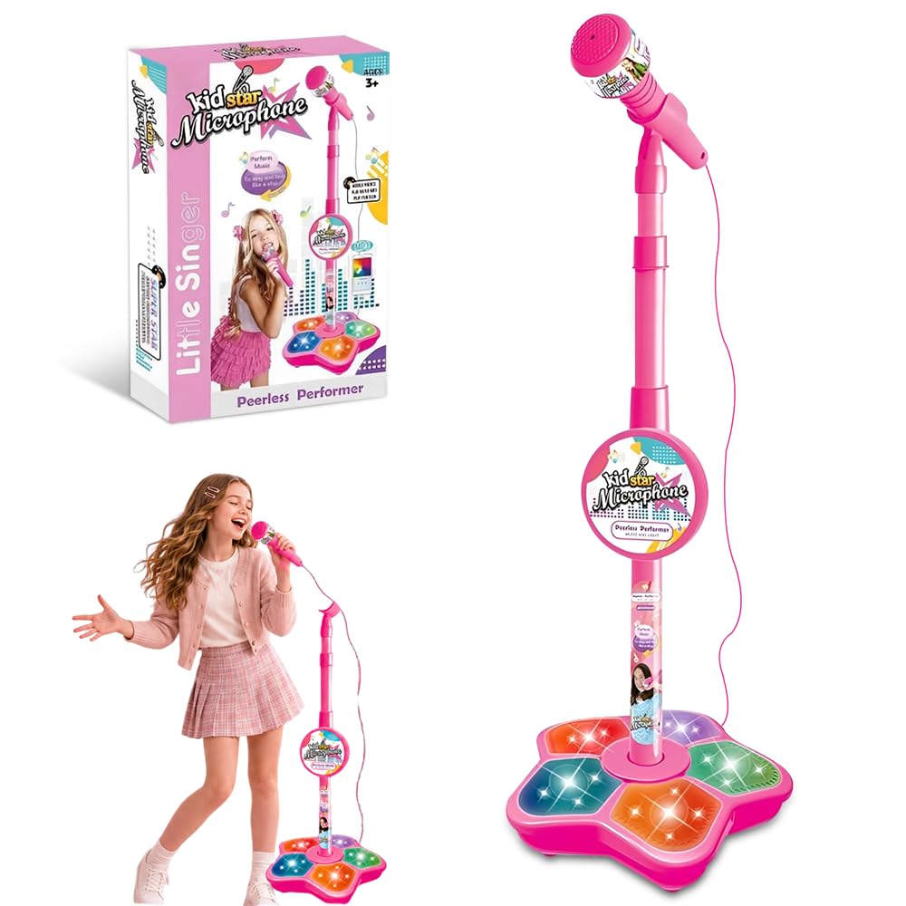 Kids Microphone and Stand, HOVCEH Adjustable Kids Karaoke Machines with Flashing Stage Lights, Stand Up Kid Karaoke Machines for Girls Boys Birthday Gift, Party Pastime