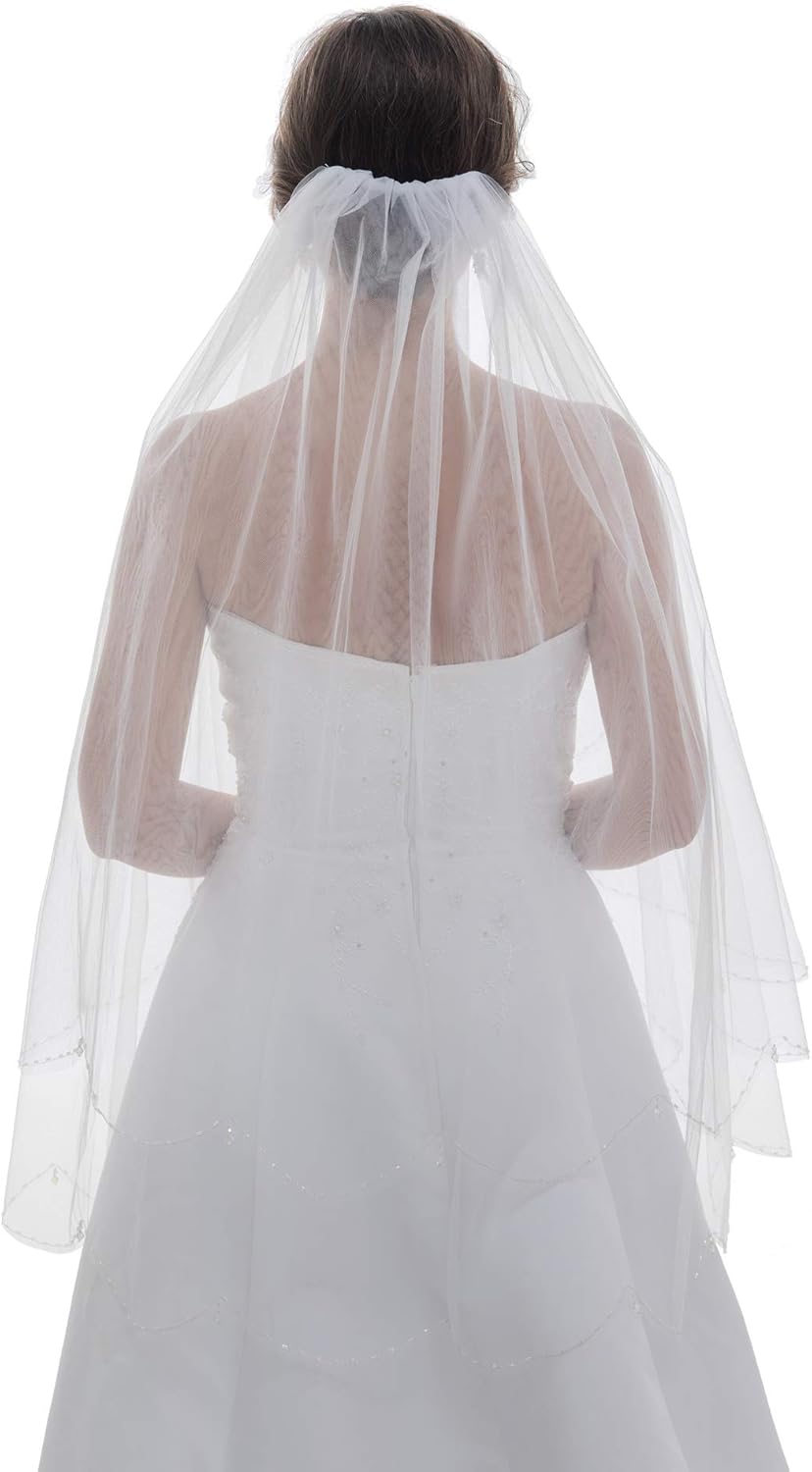SAMKY 2T 2 Tier Scallop Edge Dangle Crystals Bridal Wedding Veil