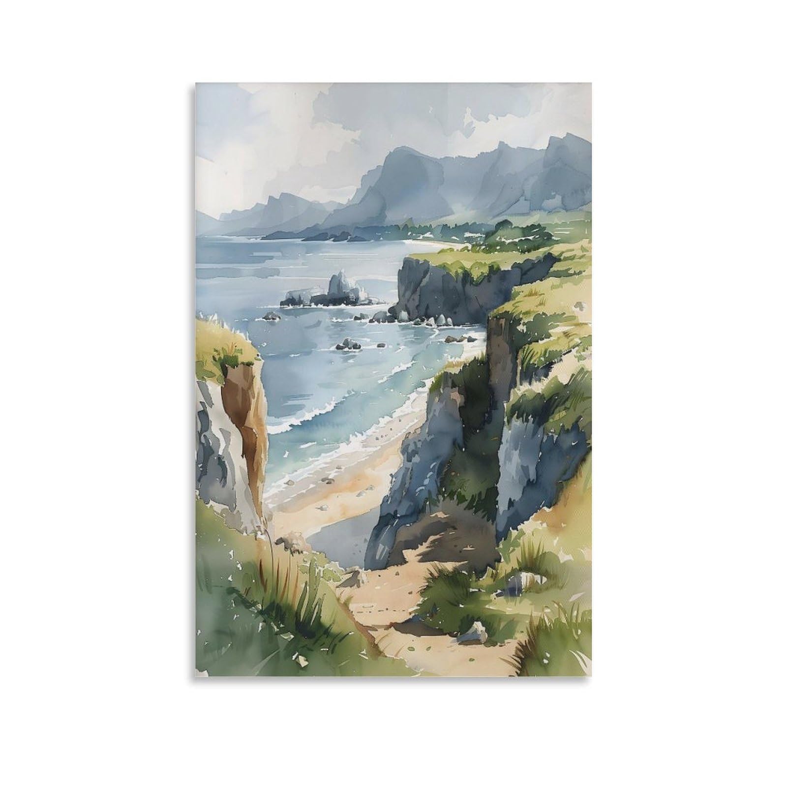 Piank Watercolor Painting Antrim Coast And Glens Aonb Northern Ireland Travel Poster Wall Art Blackcave Tunnel Devil's Churn Unframe 16X24inch(40X60cm)