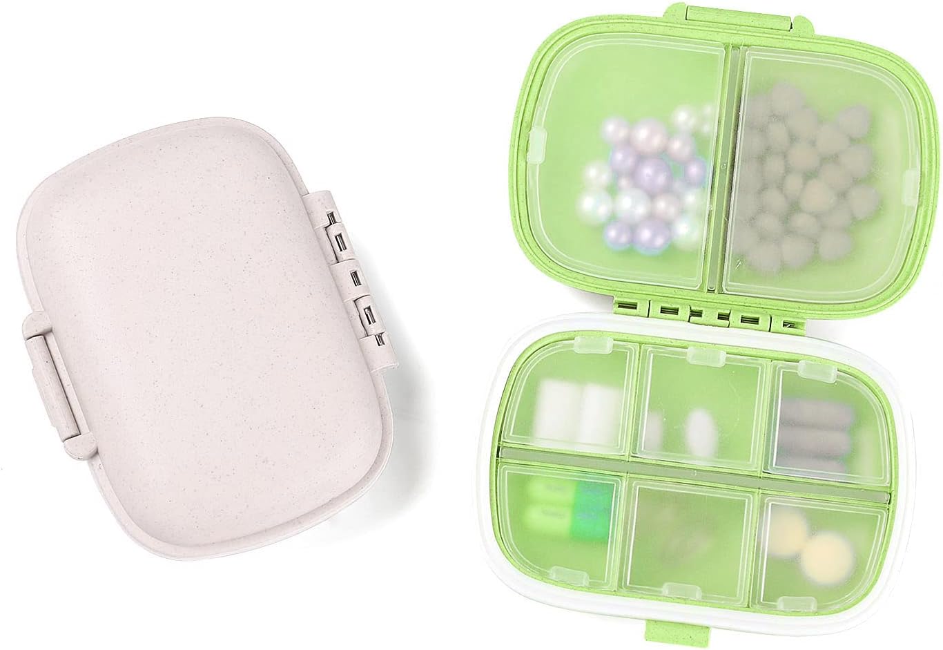 2 Pack Travel Pill Case, TEOYALL 8 Compartments Daily Pill Box Small Pill Organizer Portable Medicine Vitamin Container for Pocket Purse (Khaki/Green)