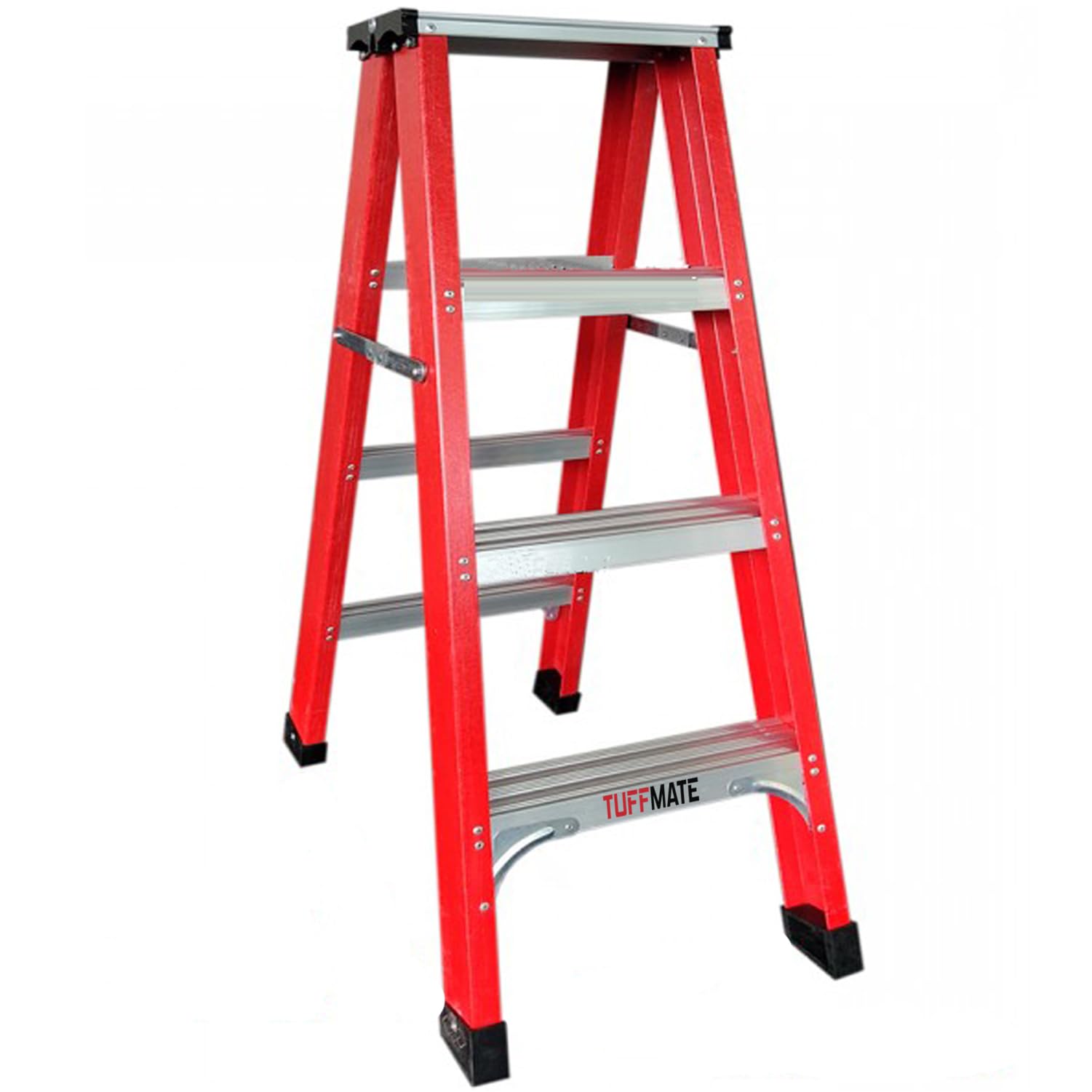 Tuffmate Red Electricians Fibreglass Step Ladder 4 Treads 1.2M En131 Heavy Duty Foldable Folding Stepladder Lightweight