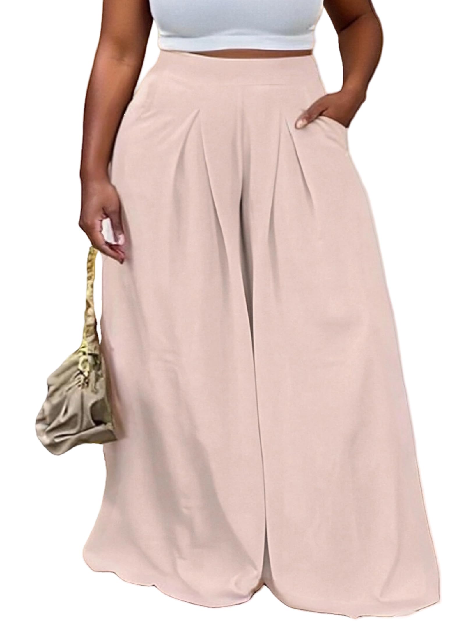 Plus Size Wide Leg High Waisted Palazzo Pants for Women Casual Lounge Flowy Comfy Loose Trousers with Pockets