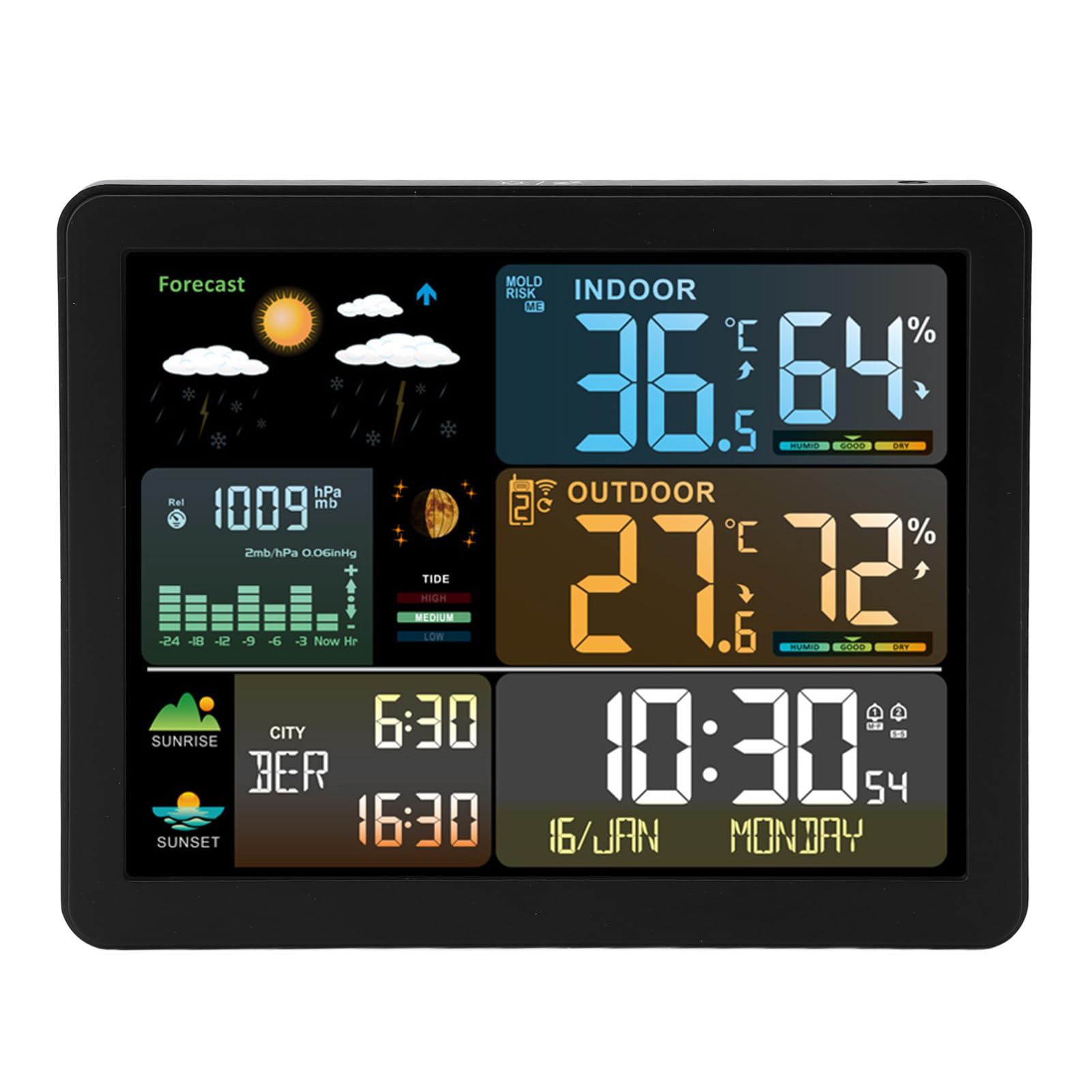 Funkwetterstation, Digitale Wetterstation mit Temperatur, Luftfeuchtigkeit, Wettervorhersage, Uhr, Drucktendenz und Dualalarm für den Innen- und Außenbereich