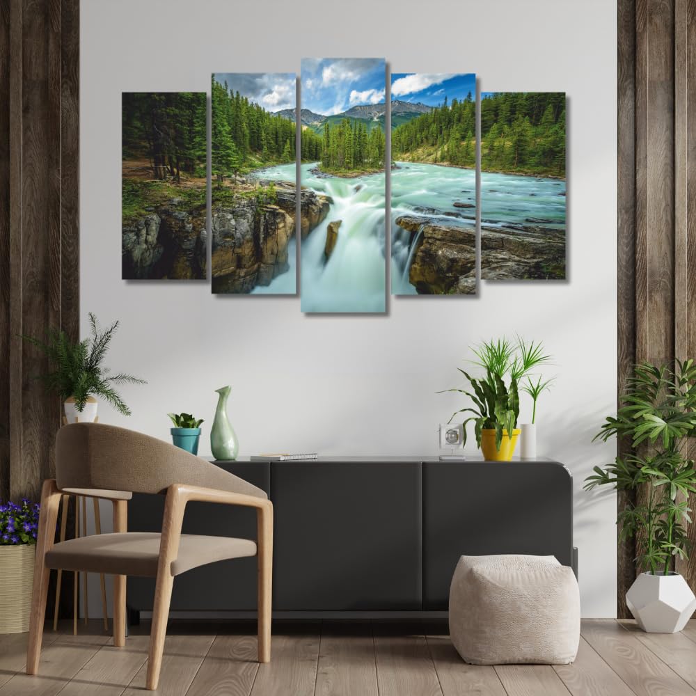 WallChitra Waterfall Canvas Wall Painting (Set of 5, MDF Wooden Frame) | Vastu Waterfall Wall Art for Living Room, Bedroom & Office | Large Multi-Panel Wall Décor 40" L × 24" W-image-7
