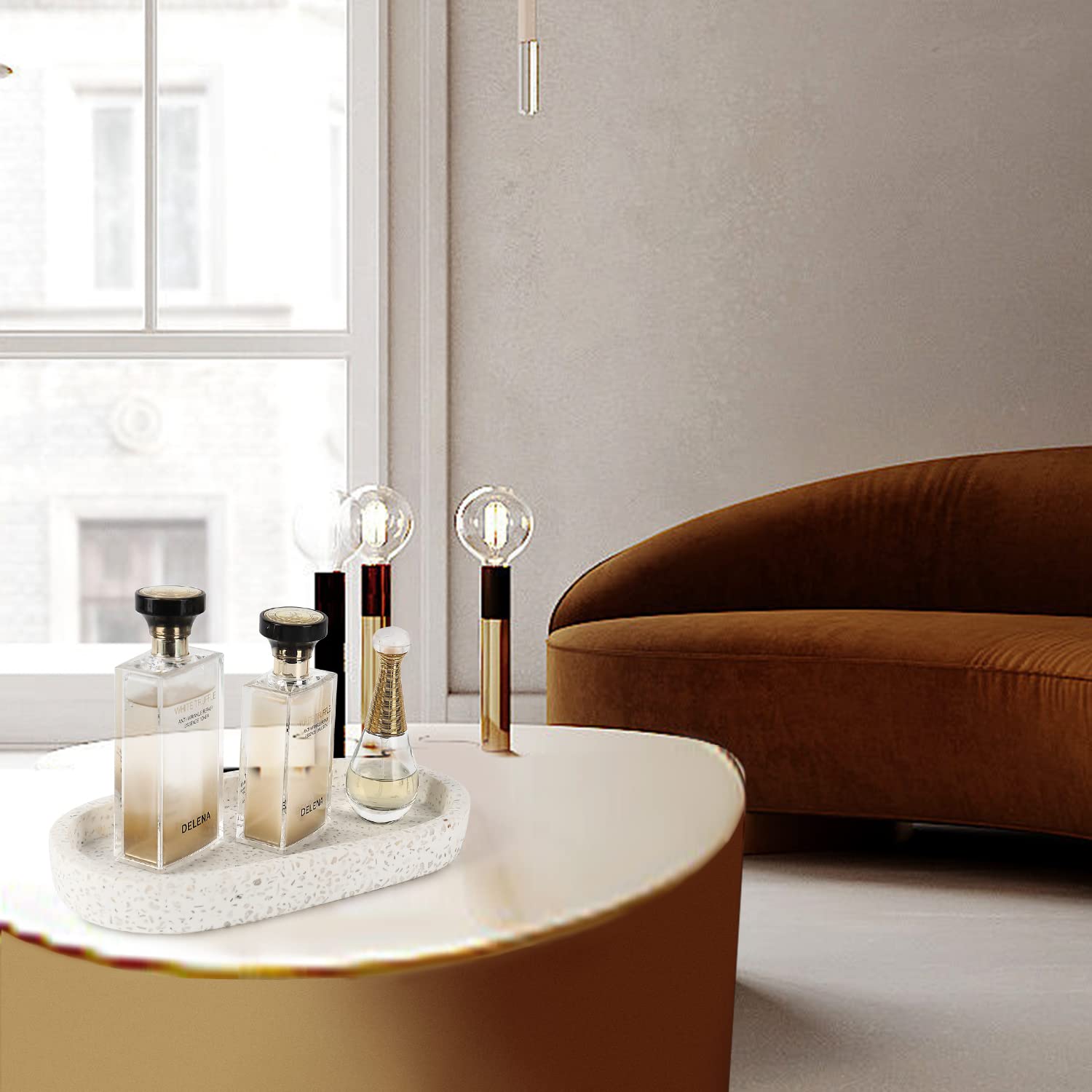 XQNCBY Bathroom Vanity Tray, Terrazzo Craft Resin Tray, Cosmetics Holder Tank Storage Kitchen Sink for Perfume Candles Soap Shampoo Towel Plant Accessory Gift (Ellipse)