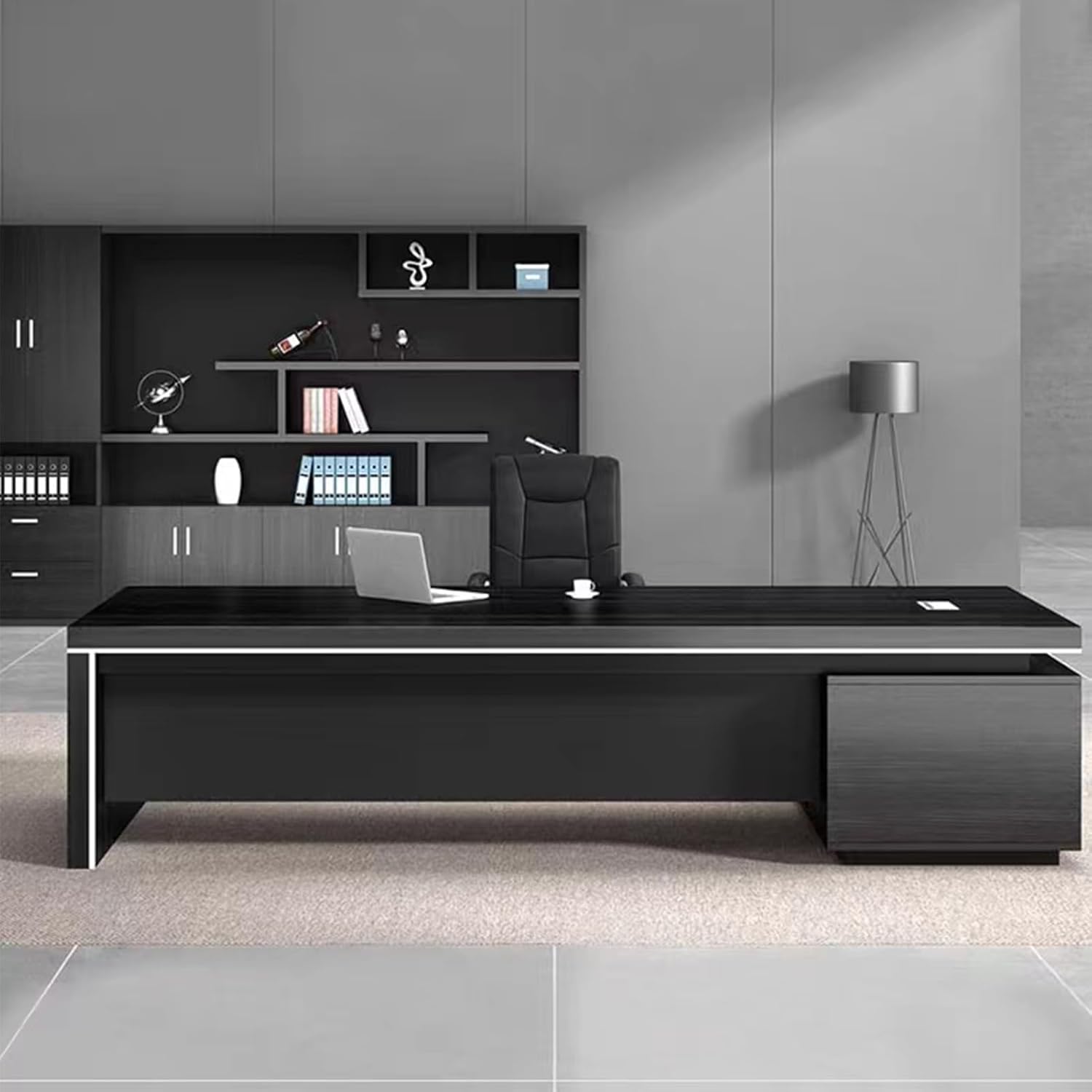 102" Black Executive Office Desk, Computer Desk with Lateral Cabinet, Gaming Study Table Business Furniture Set for CEO Boss