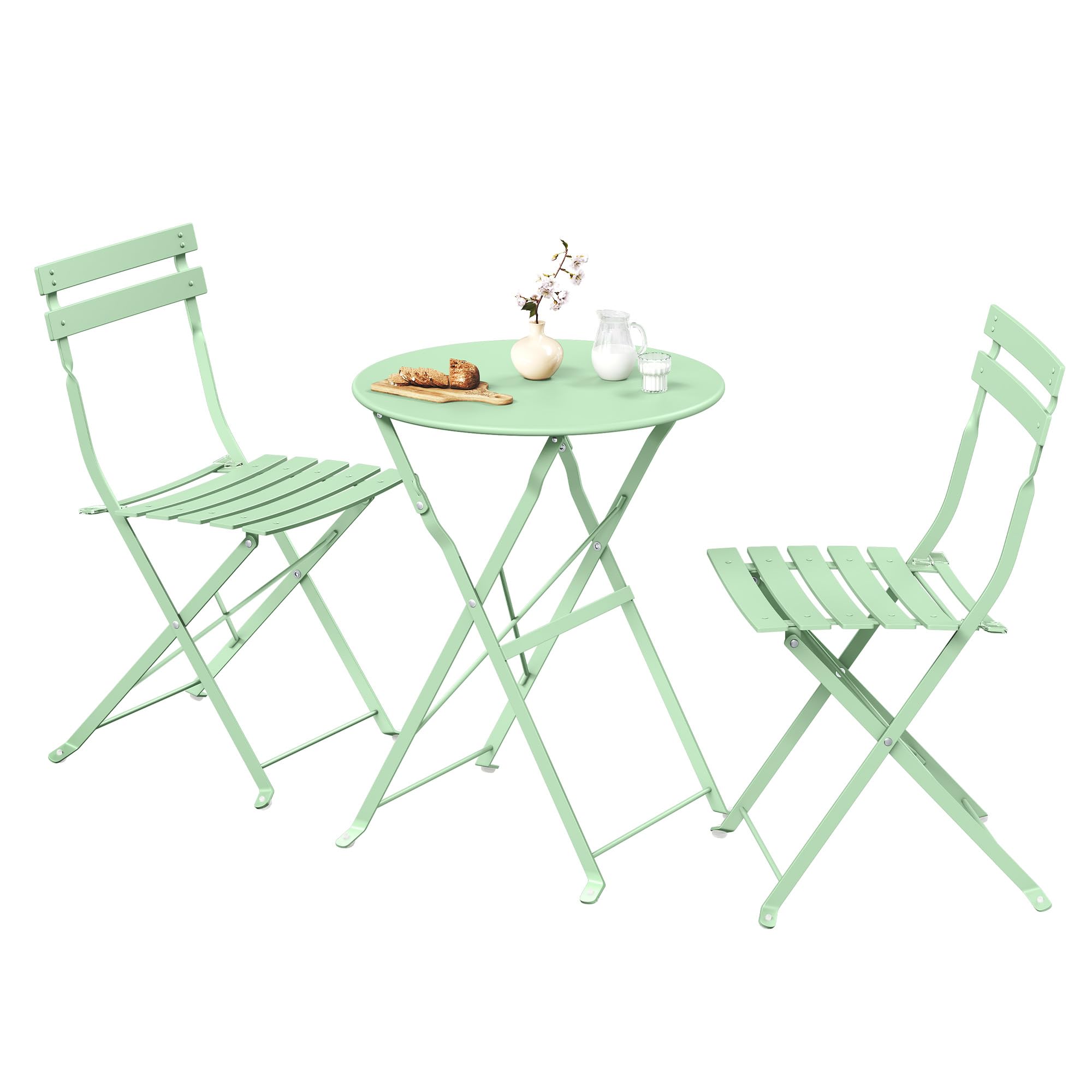 SONGMICS 3-Piece Outdoor Bistro Set, Folding Patio Furniture Set with Table and 2 Chairs, Weather-Resistant Steel Balcony Furniture, for Balcony, Patio, Garden, Smoke Green GGF036CZ01
