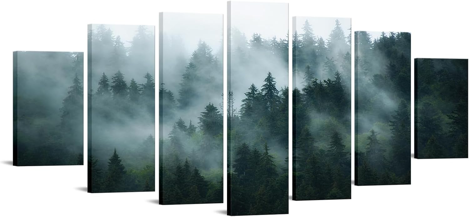 iKNOW FOTO XLarge 7 Panel Canvas Print Wall Art Misty and Fog Over Dark Mountain Forest Wilderness Nature Photography Modern Art Rustic Landscape Picture 70x32 Inches