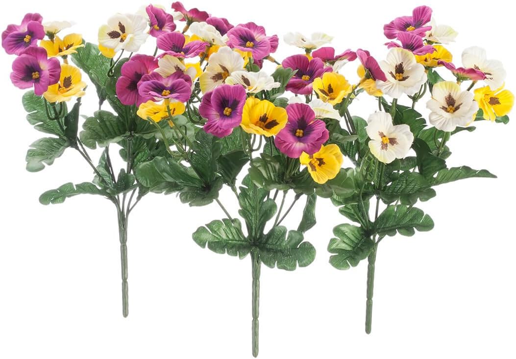 Set of 3 Multicolor Artificial Pansy Bushes for Indoor/Outdoor Use