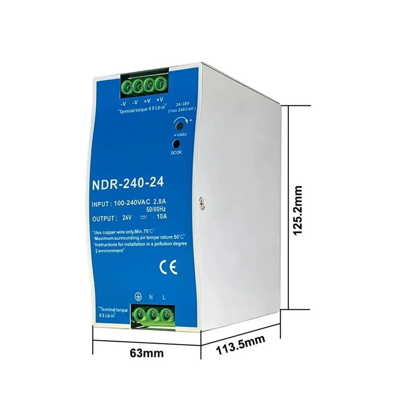 1 unidad de fuente de alimentación industrial mini AC/DC de 5 V, 12 V, 24 V, 48 V, MDR-20 W, 60 W, 100 W, con interruptor de salida única.(NDR-150W-24V 5.2A)