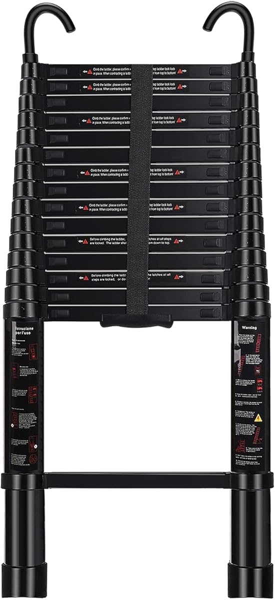 Telescopic Ladder 20 Feet - Aluminum Telescoping Ladder with Hooks - Portable Foldable Extension Ladder with Non-Slip Feet - Echelle Telescopique for Home or Outdoor Work (Black)