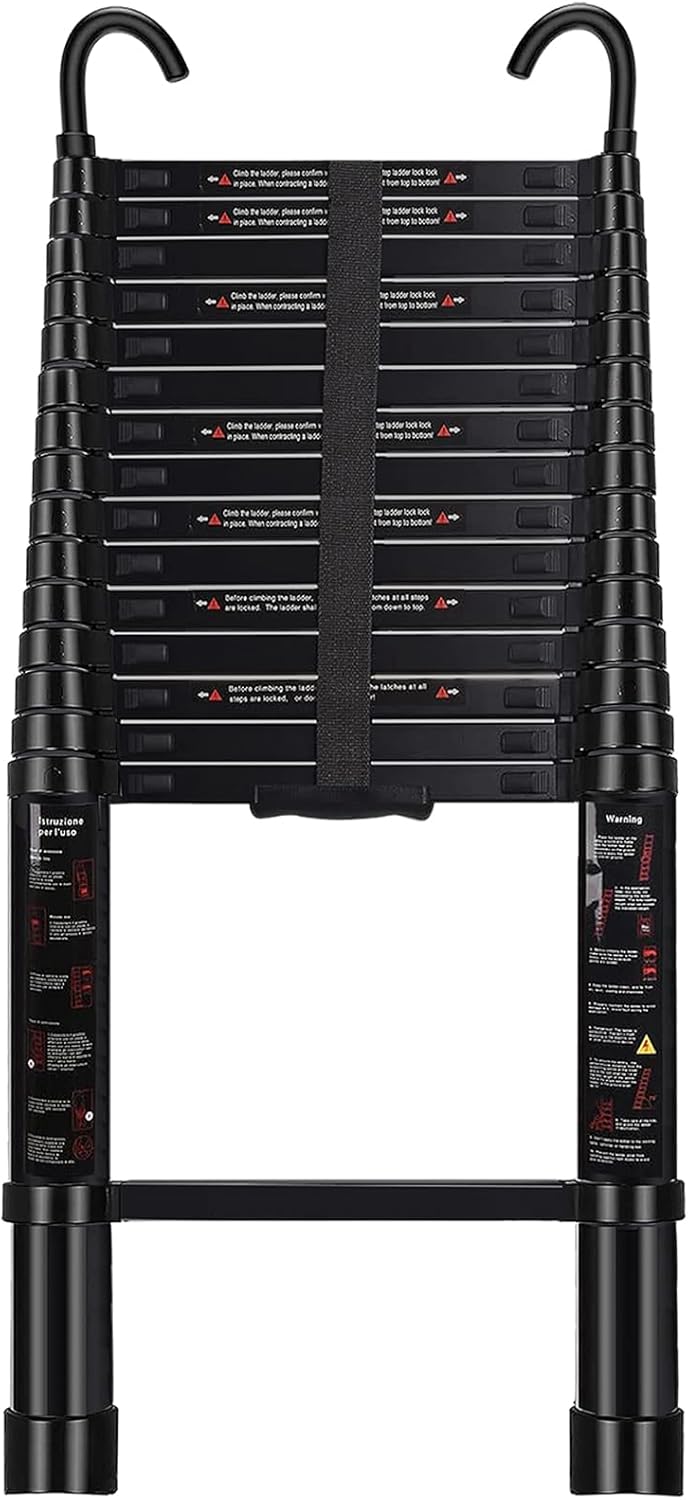 Telescoping Ladder 20 FT - Aluminum Telescopic Ladder with Hooks - Folding Extension Ladders for Home Work Loft Roof Attic RV Ladder with EN131 Certification - 330lbs Max Capacity (Black)