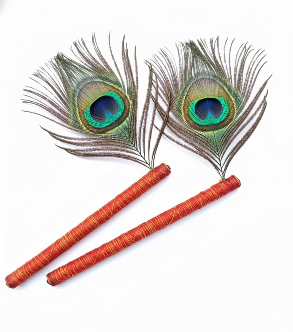 Bamboo Flute Model PACK OF 2| Krishna Bansuri | for Kahnha ji Pooja | Traditional flute with Peacock feather | 14CM Bamboo Bansuri Model with peacock feather flute (its model not instrument)-picture-24