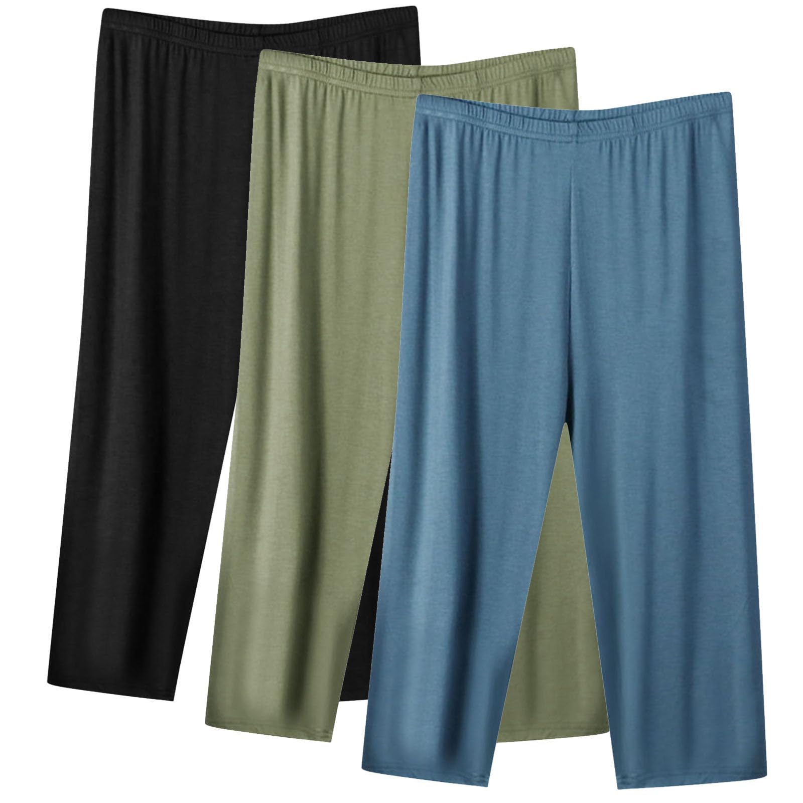 Schlafhose Damen 3/4 Schlafanzughose 3 Teilig Pyjamahose Pyjama Hosen Lounge Hose Stretch Sommerhose Weites Bein Sporthose Große Größen Relaxhose Loungewear für Frauen Dünne Sommer Schlafanzughosen