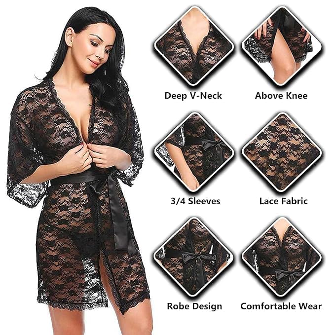 Image of Love Maker Women Sexy Floral Net Lace Tranparent Babydoll Lingerie Night Robe /Nightgown Lingerie for Honeymoon with Bikini Set S-3XL