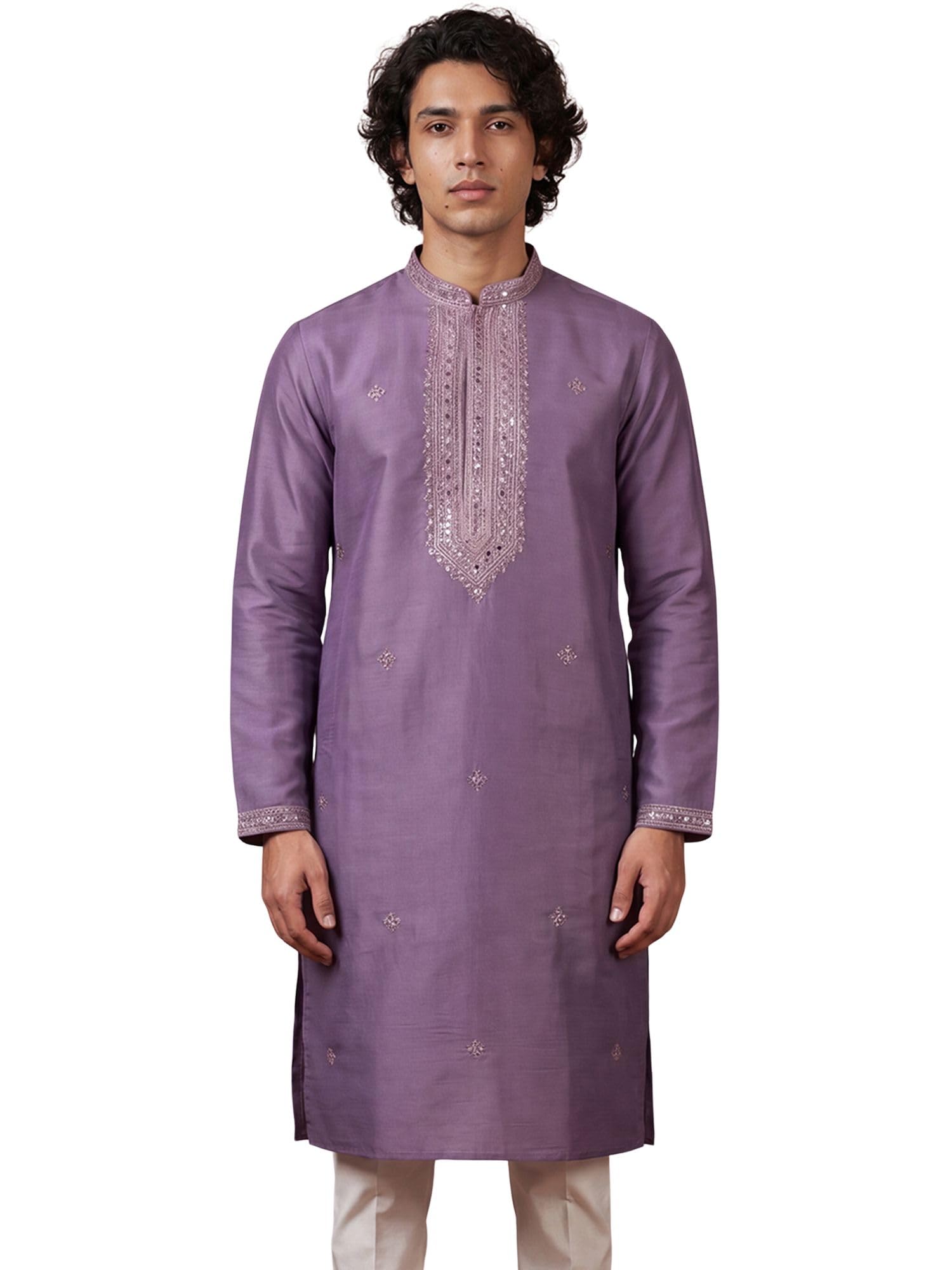 Men'S Lavender Silk Blend Solid Design Calf Length KurtaSet | Men'S | Embroidered Kurta Sets For Men | Straight Fit Kurta set For Men-picture-34