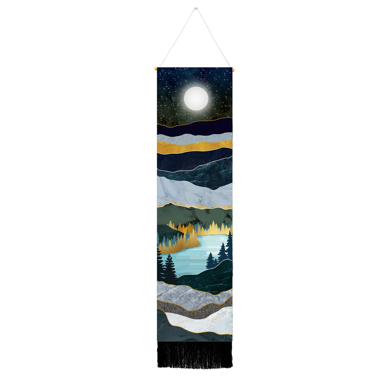 Mountain Moon Starry Night Sky Tapestry - Forest Tree Lake Nature Landscape for Room (Navy Blue, 12.8 x 51.2 inches)