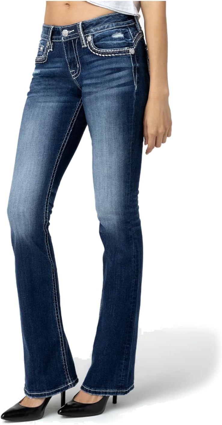 Miss Me Women's Saddle Stitched Nora Faux Flap Pocket Mid-Rise Bootcut Jeans