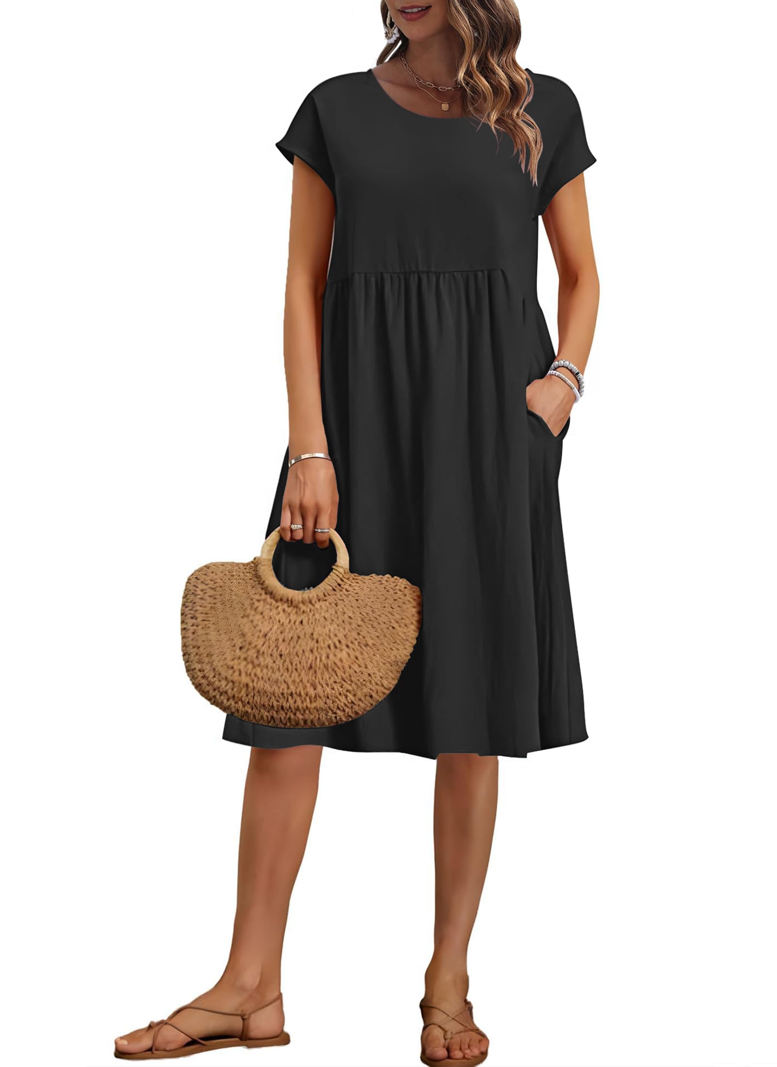 Auselily Women's Black Summer Short Sleeve Knee-Length Dresses Round Neck Loose Dress With Pockets Xxl