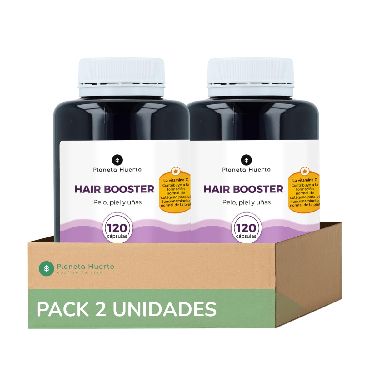 PLANETA HUERTO | Pack 2x Hair Booster Pelo, Piel y Uñas 120 Cápsulas - Vitaminas y Minerales para Fortalecer Cabello, Piel y Uñas | Reducción de la Caída