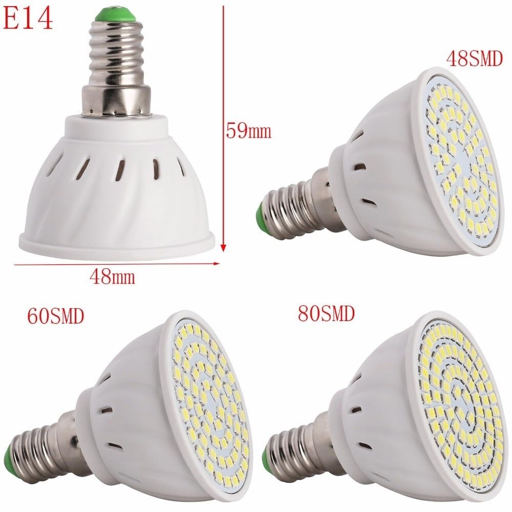 1fortunate Paquete de 50, bombilla de foco LED E14 AC220V 2835SMD 48/60/80leds lámpara de foco LED iluminación interior(Warm White,80Leds E14)