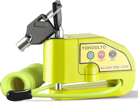 YOHOOLYO Alarm Disc Lock Black and YOHOOLYO Motorcycle Lock Green Anti-Theft Waterproof 110 dB 7mm Pin 5ft Reminder Cable for Motorcycles Bike Scooter Carry Pouch