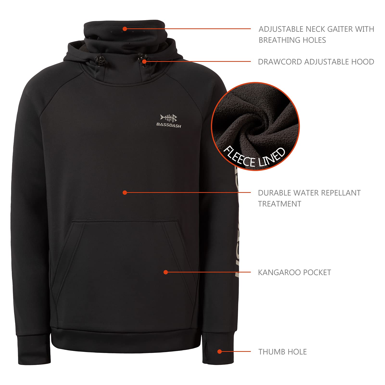 Bassdash Felpa con Cappuccio Hoodie in Pile da Pesca da Uomo con ghetta per Il Collo Felpa da Resistente all'Acqua FS18M