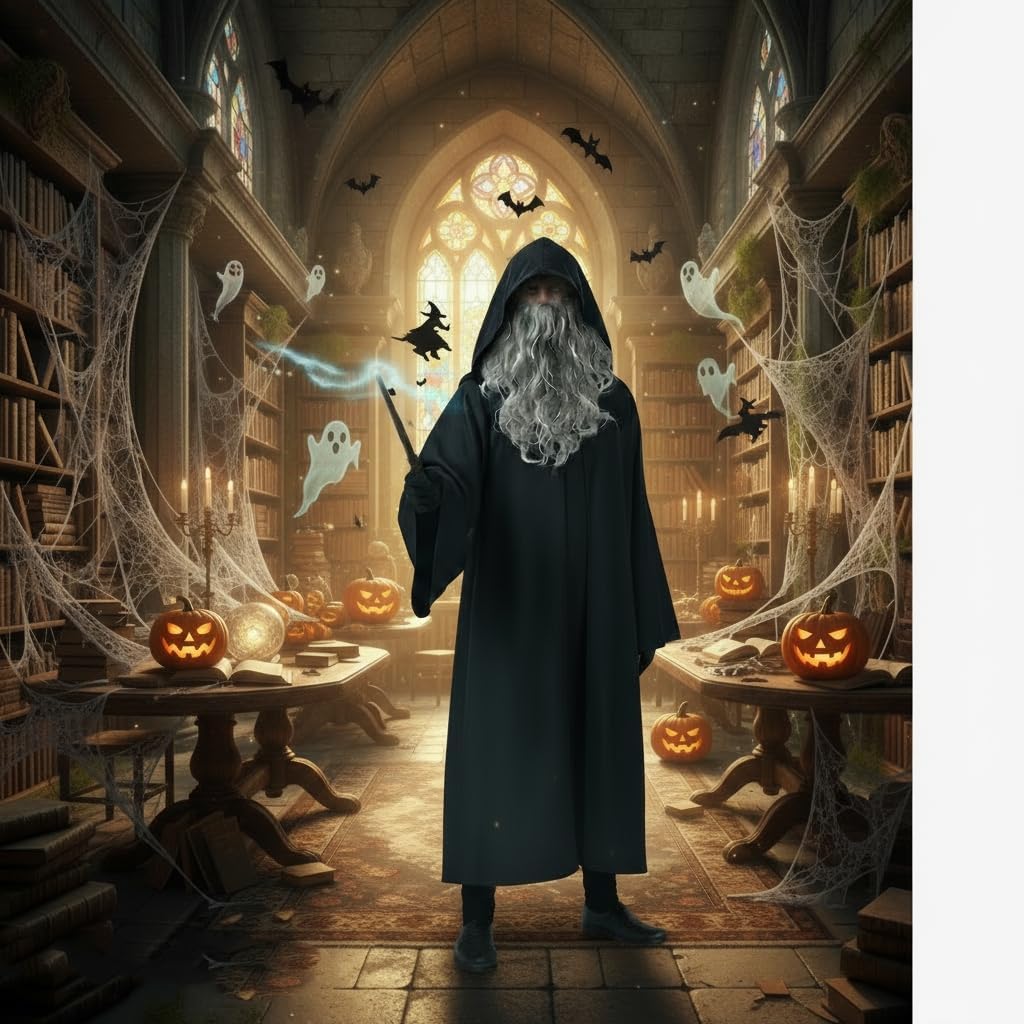 Wizard Costumes with Warlock Cloak Wig Beard Gloves Wand Halloween Magician Sorcerer Cosplay Outfit Party Props Black - Image 7