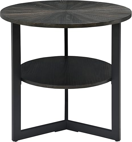 LEEMTORIG Mesa auxiliar redonda, mesa auxiliar grande de 2 niveles con patas de metal, moderna mesita de noche para sala de estar, dormitorio, Negro