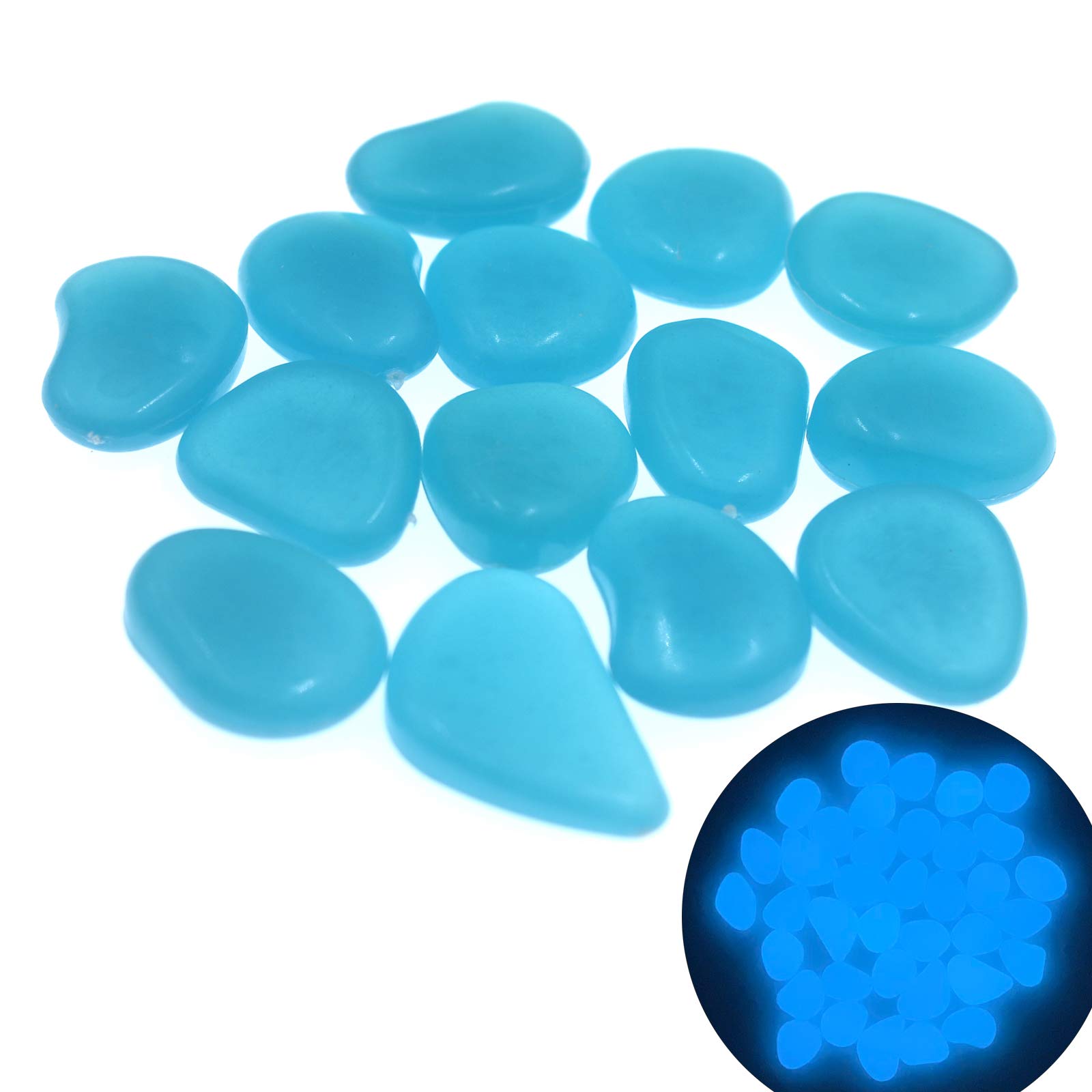 QTTLLI 100Pcs Glow Pebbles Glow in The Dark Decorative Stones Rocks for Garden Path Walkway Yard Fish Tank, Blue