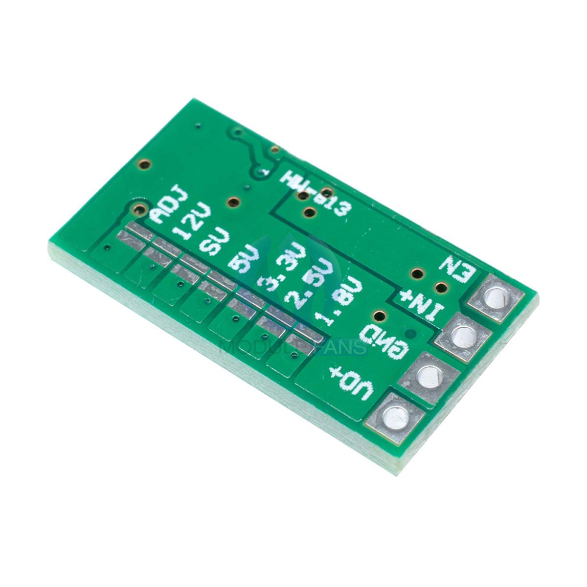 Qiegħ view of a single Youmile mini DC-DC step-down converter module, displaying input/output pads and fixed voltage selection points (1.8V, 2.5V, 3.3V, 5V, 9V, 12V, ADJ).