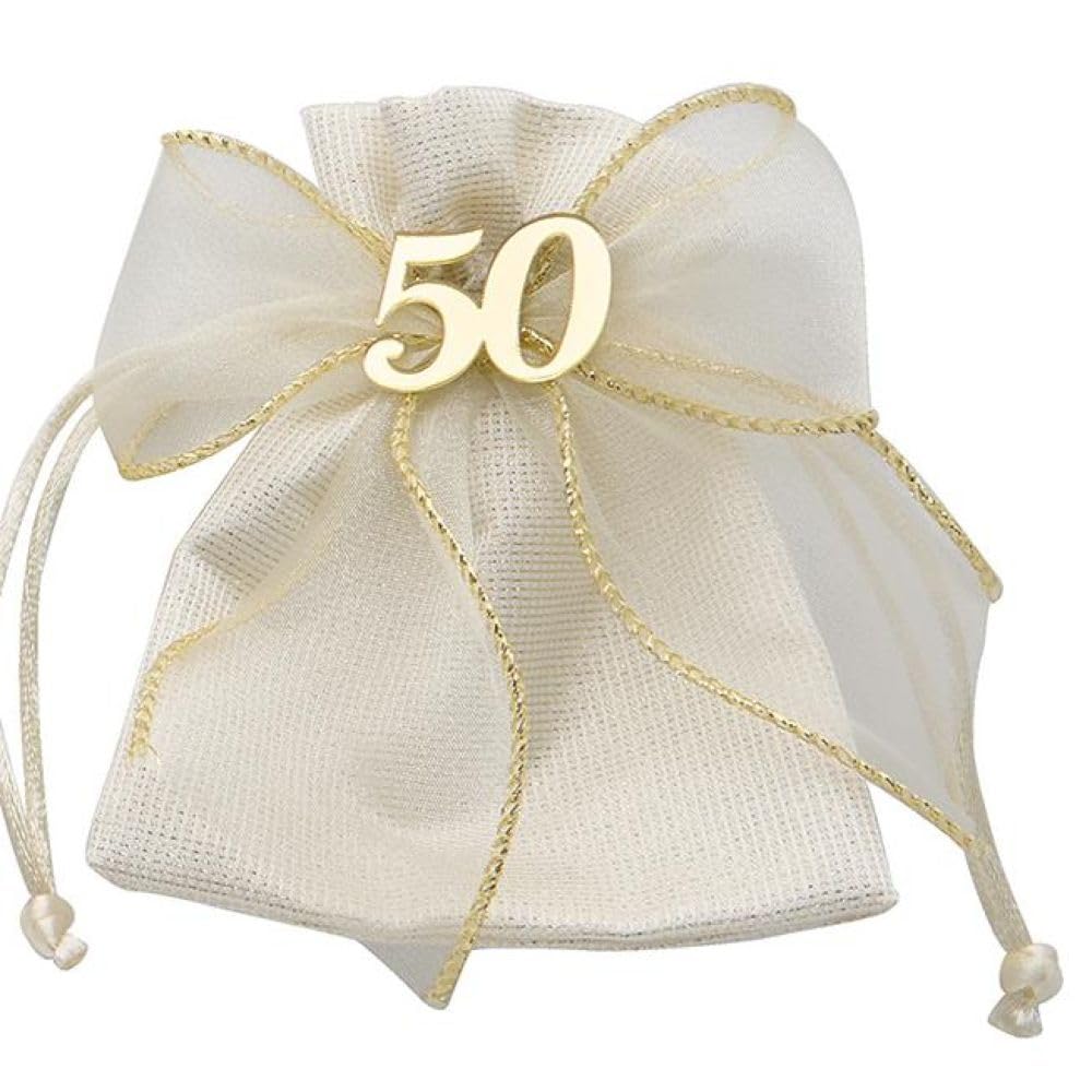 Generico 12 Sacchetti portaconfetti per BOMBONIERA Anniversario di Nozze Oro O Argento 25 O 50 ESIMO bomboniere Cerimonia ricorrenza (Oro con Fiocco e Applicazione 12x9 cm)