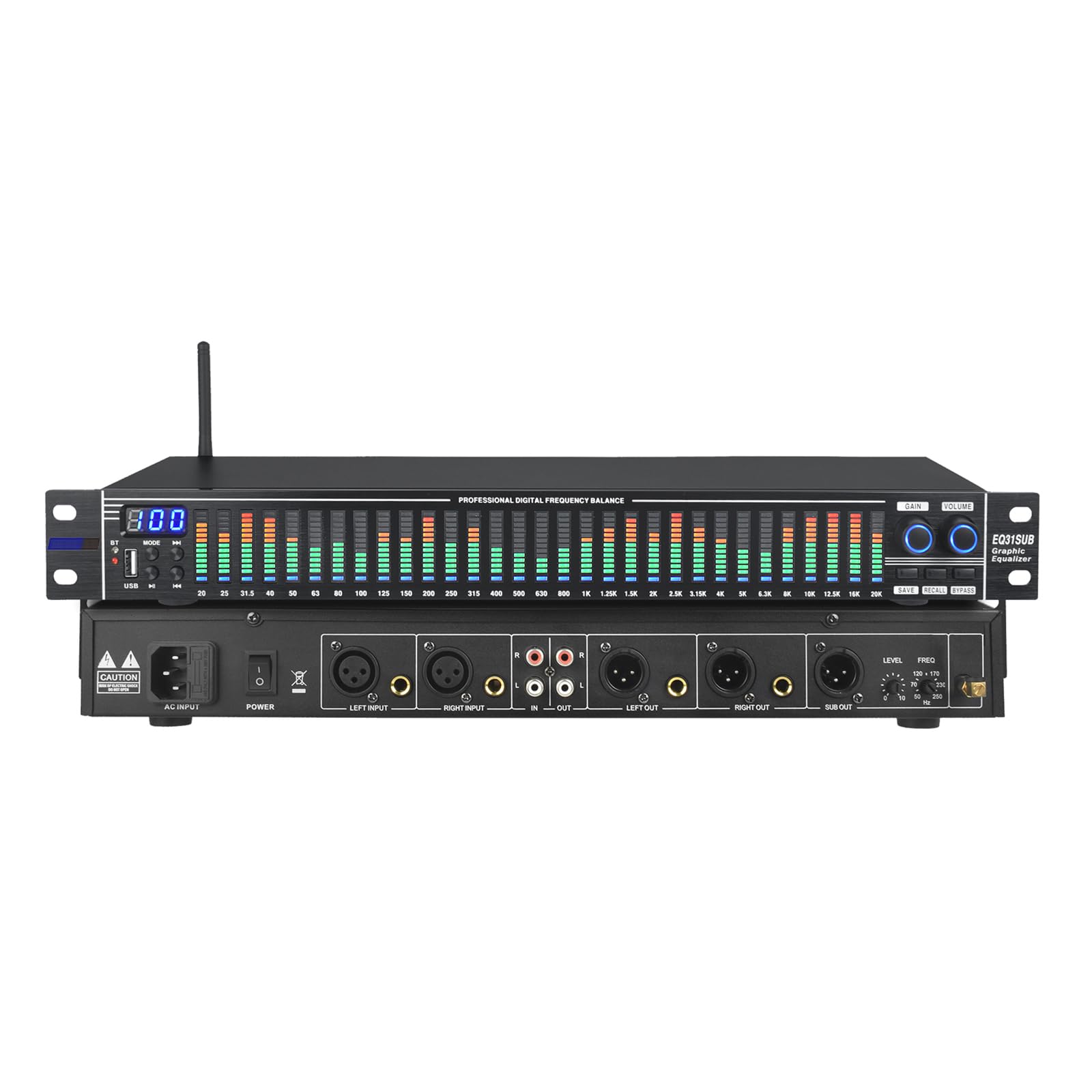 LED Digital Equalizer, 31-Band Stereo Equalizer mit Low/Mid/Treble Anpassung und intelligenter Rauschunterdrückung für Bühnenperformance und Karaoke